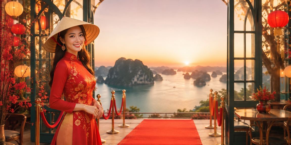 Cảnh vịnh Hạ Long với người chơi bài đội nón lá trong không gian giải trí truyền thống
