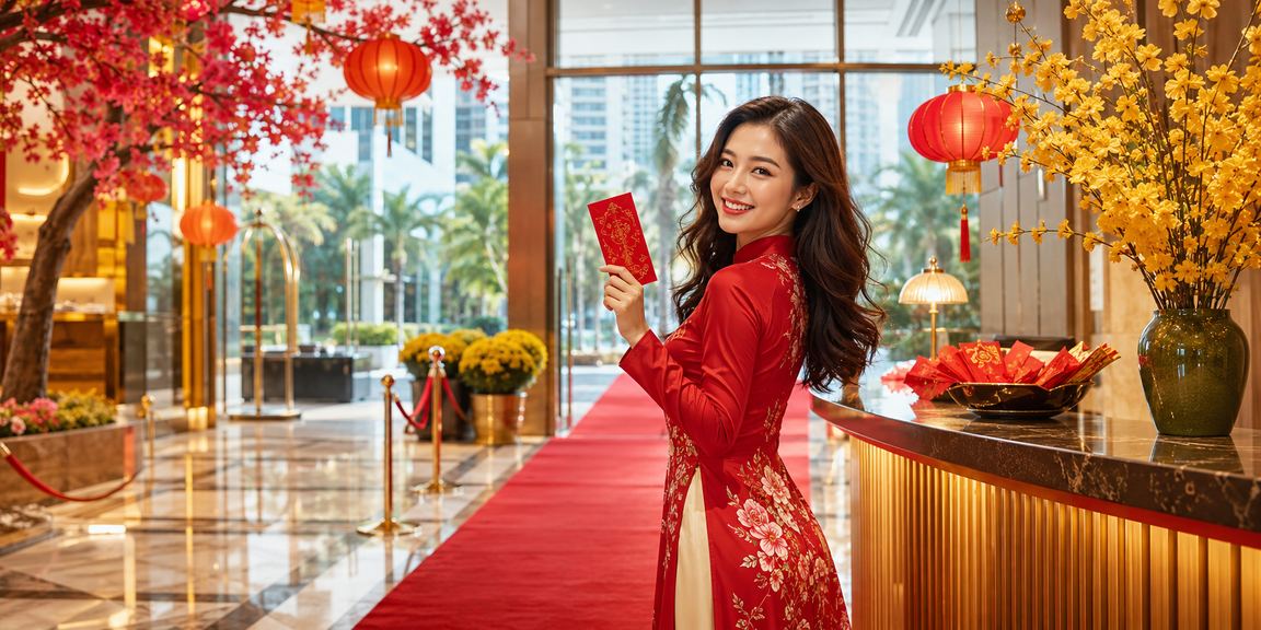 Người dùng tại TP. Hồ Chí Minh nhận phong bì đỏ bonus dưới ánh đèn lồng lễ hội